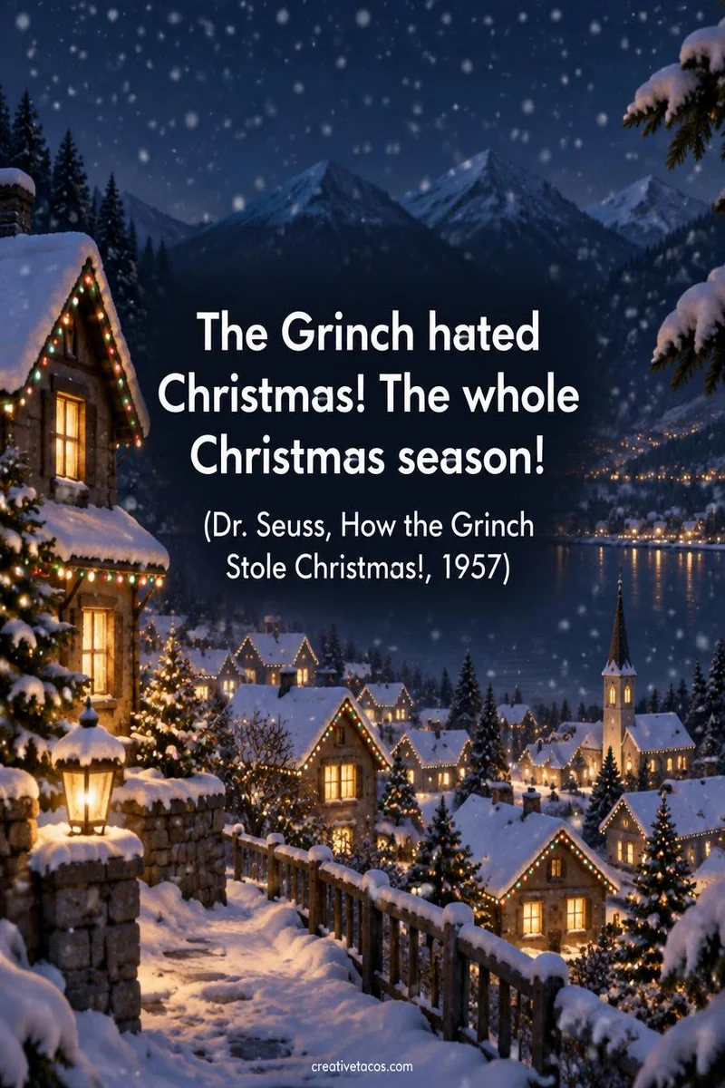 Quote card: “The Grinch hated Christmas! The whole Christmas season!” (Dr. Seuss, How the Grinch Stole Christmas!, 1957)