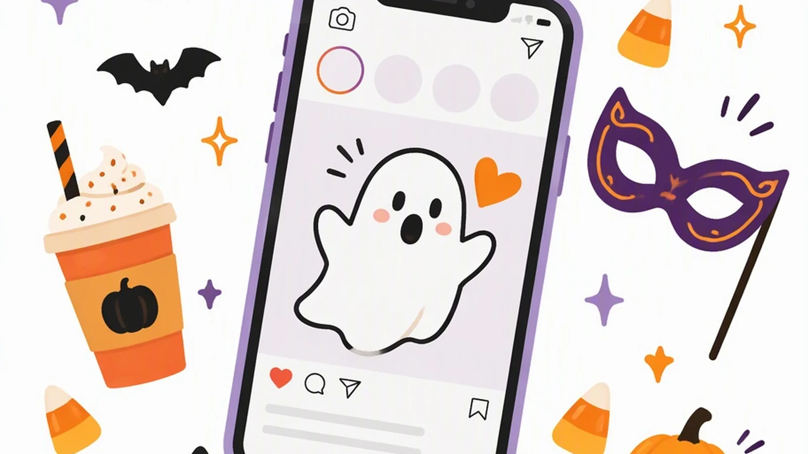 Clean illustration of a phone, candy, and costume icons on a white background for halloween captions.
