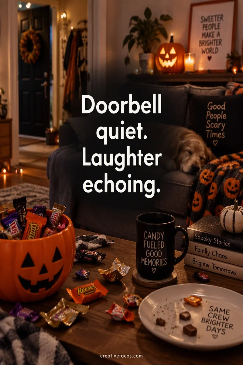 Quote card: Doorbell quiet. Laughter echoing.