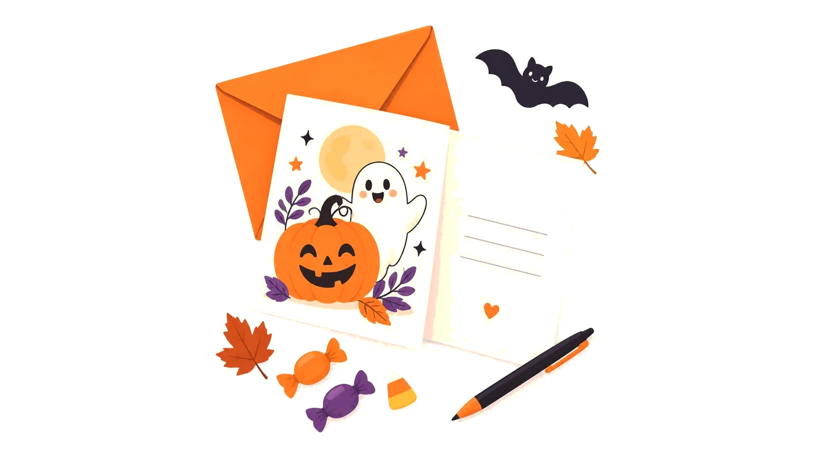 Clean illustration of a handmade Halloween card with a jack-o-lantern and ghost, an envelope, and a pen on a white background for Halloween card messages.