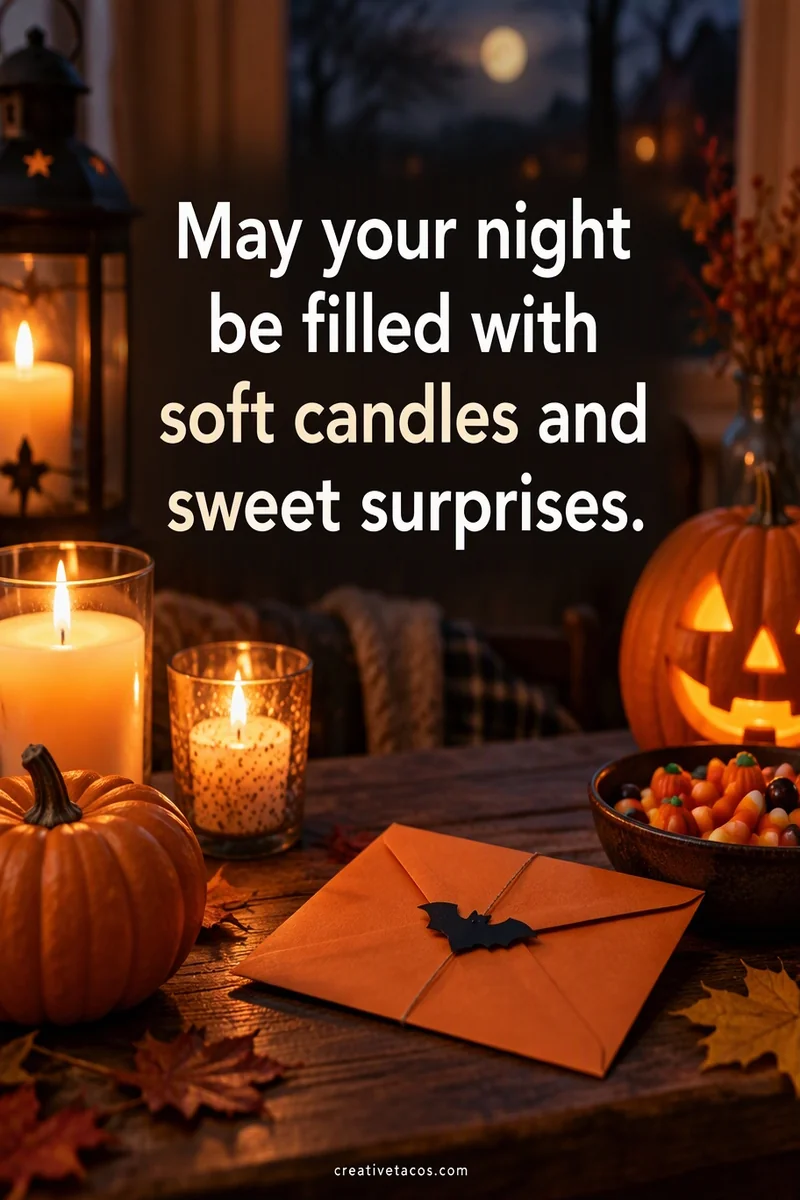 Quote card: May your night be filled with soft candles and sweet surprises.