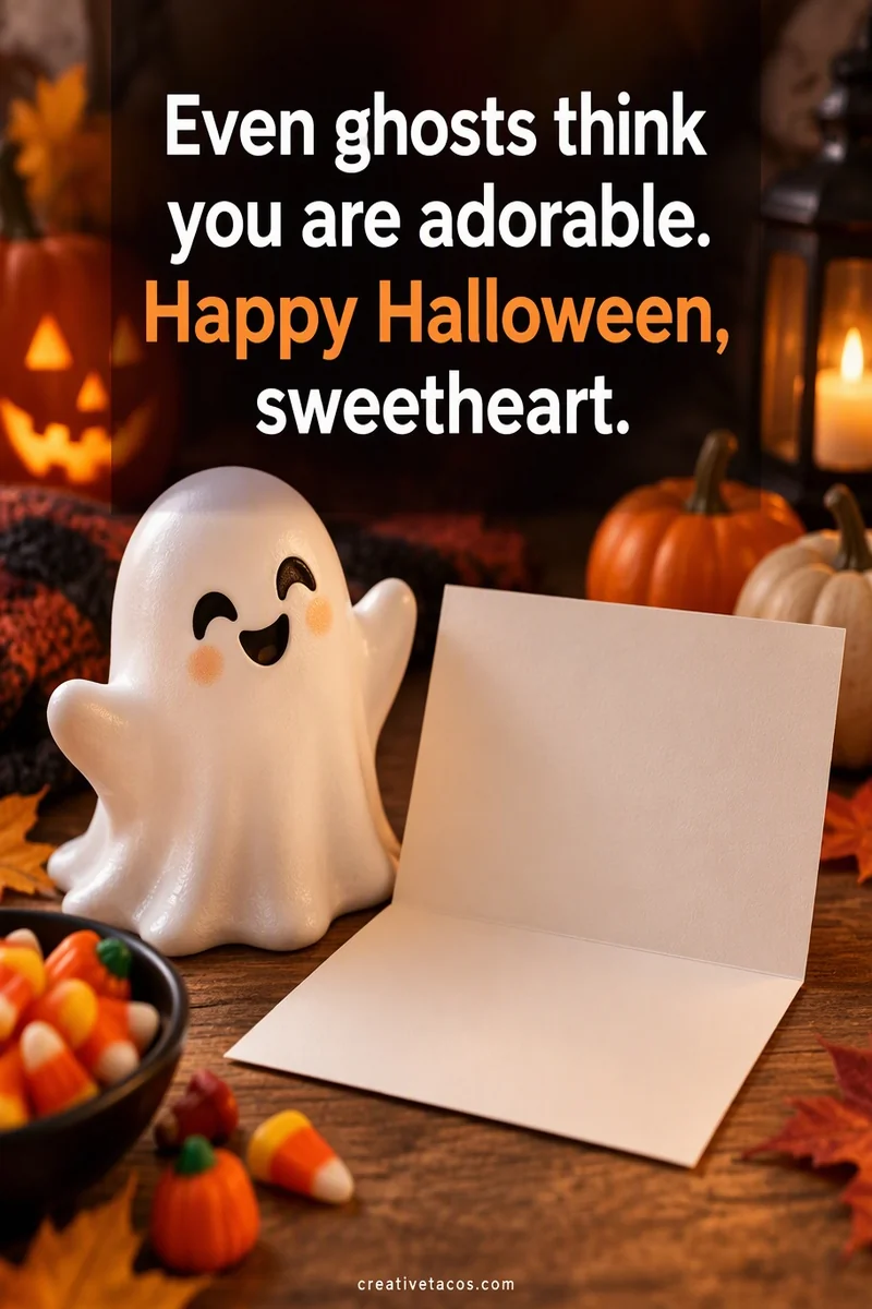 Quote card: Even ghosts think you are adorable. Happy Halloween, sweetheart.
