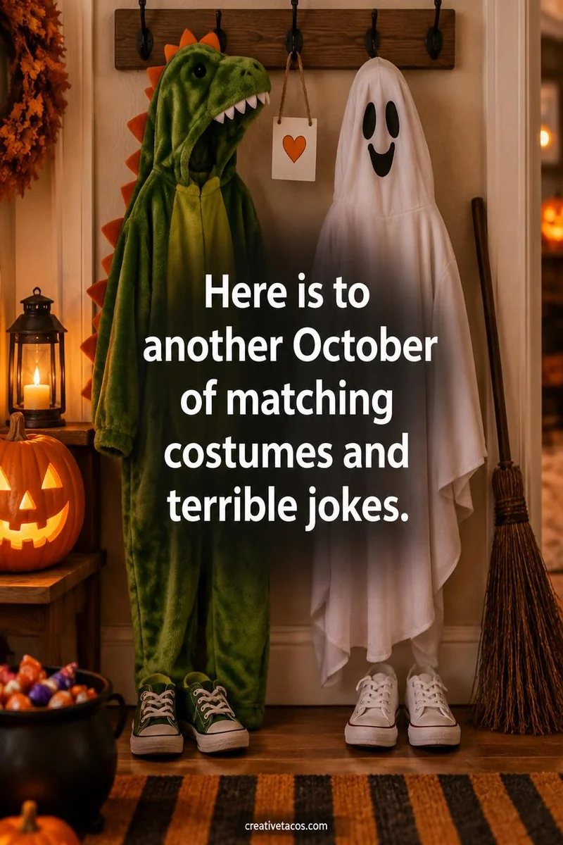 Quote card: Here is to another October of matching costumes and terrible jokes.