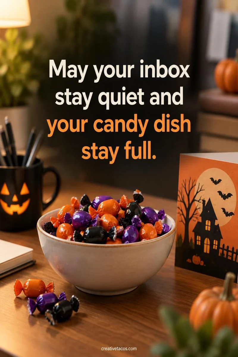 Quote card: May your inbox stay quiet and your candy dish stay full.