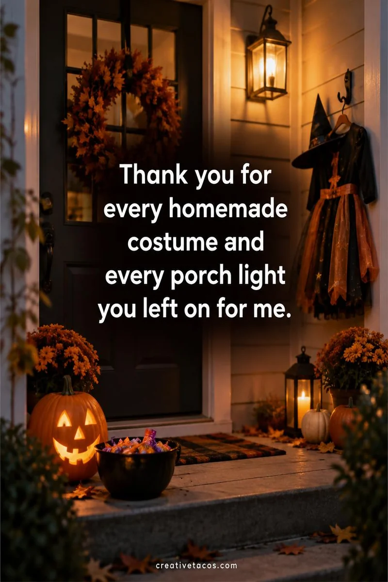 Quote card: Thank you for every homemade costume and every porch light you left on for me.
