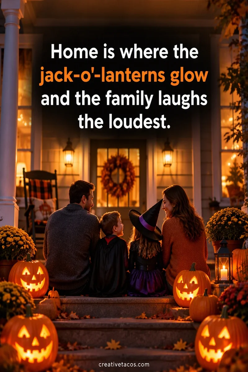 Quote card: Home is where the jack-o'-lanterns glow and the family laughs the loudest.