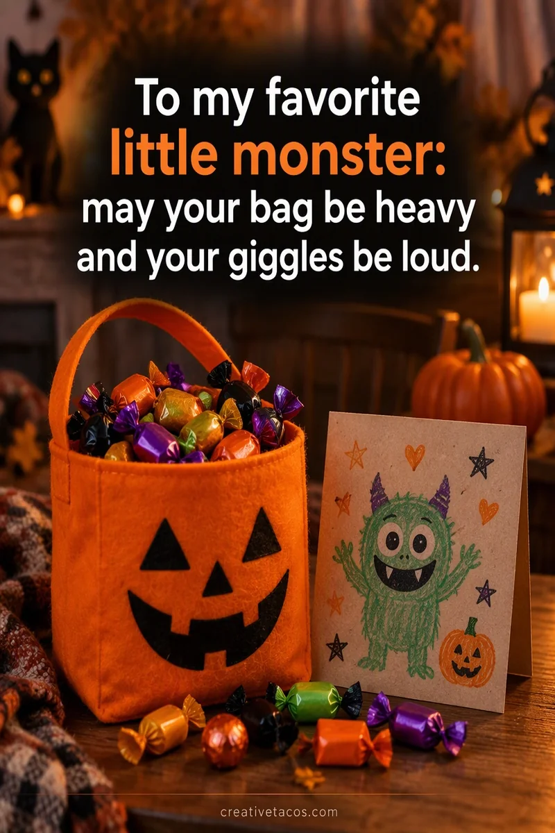 Quote card: To my favorite little monster: may your bag be heavy and your giggles be loud.