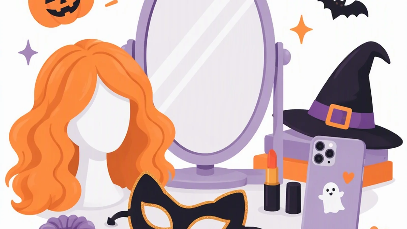 Clean illustration of a mirror, mask, and phone on a white background for halloween costume captions.