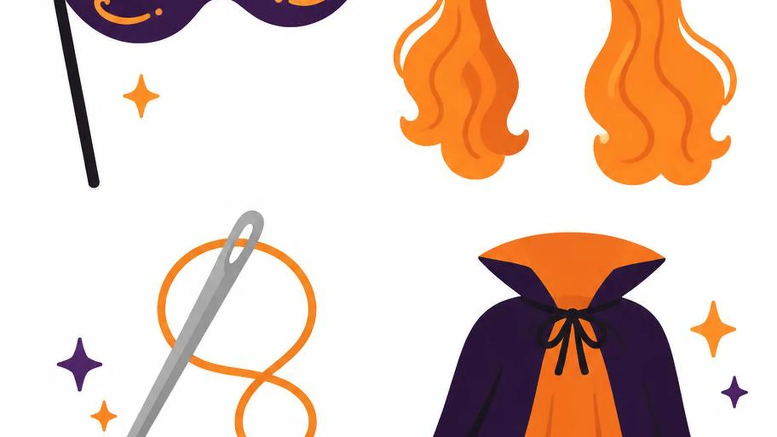 Clean illustration of a mask, wig, and cape on a white background for Halloween costume puns.