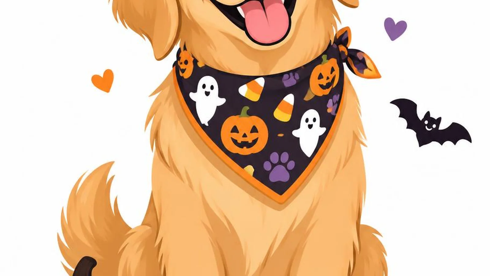 Clean illustration of a friendly cartoon dog in a Halloween bandana on a white background for Halloween dog captions.