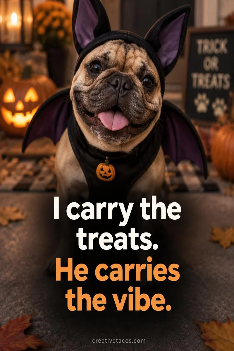 Quote card: I carry the treats. He carries the vibe.