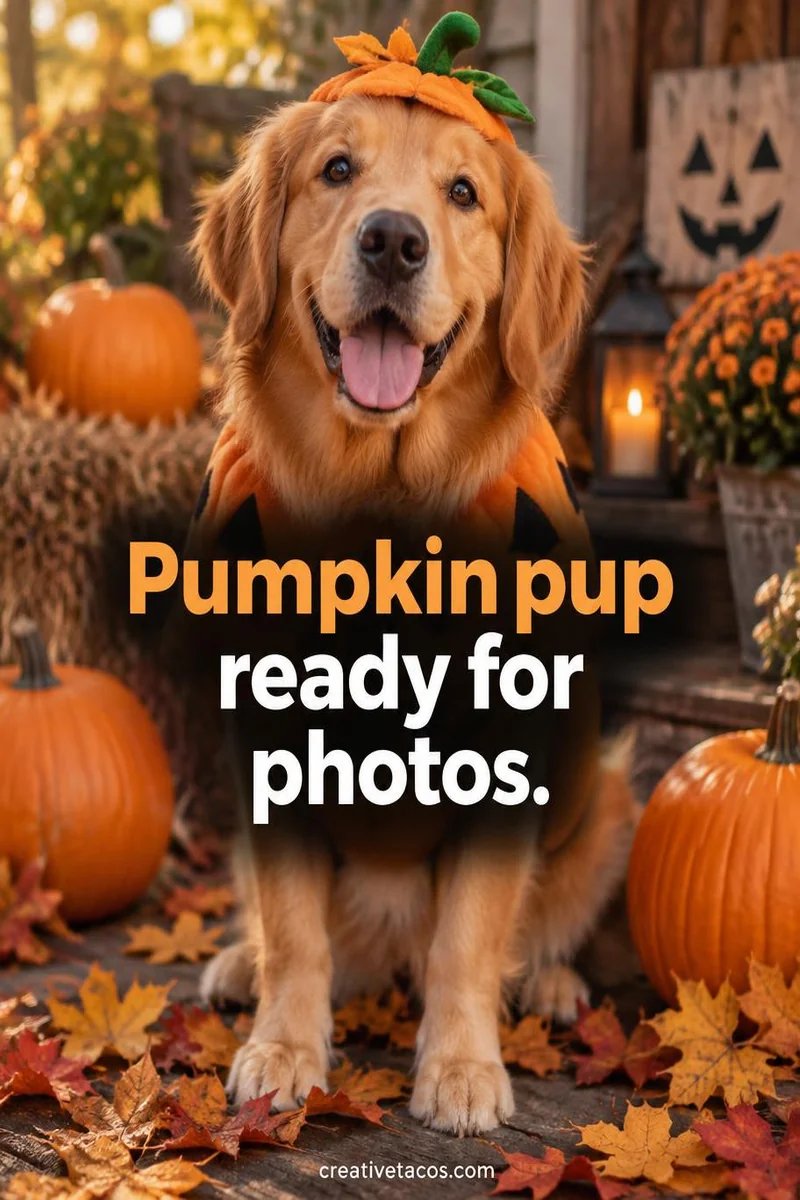 Quote card: Pumpkin pup ready for photos.