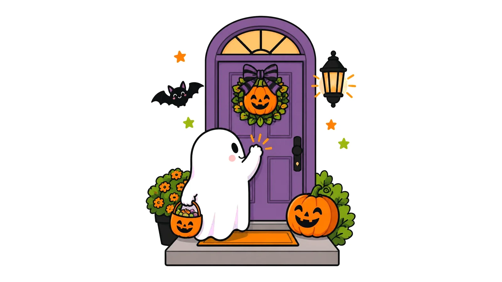 Clean illustration of a friendly ghost knocking on a purple front door with a jack-o-lantern on the step on a white background for Halloween knock knock jokes.