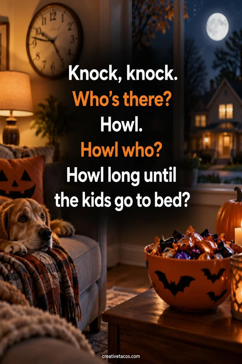 Quote card: Knock, knock. Who's there? Howl. Howl who? Howl long until the kids go to bed?