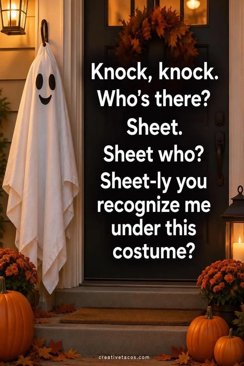 Quote card: Knock, knock. Who's there? Sheet. Sheet who? Sheet-ly you recognize me under this costume?