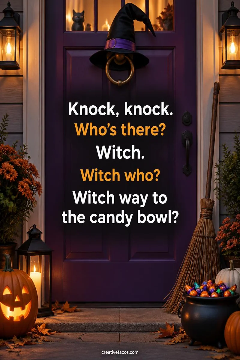 Quote card: Knock, knock. Who's there? Witch. Witch who? Witch way to the candy bowl?
