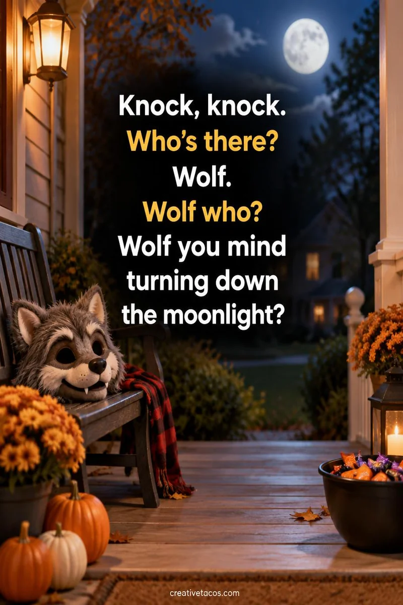 Quote card: Knock, knock. Who's there? Wolf. Wolf who? Wolf you mind turning down the moonlight?