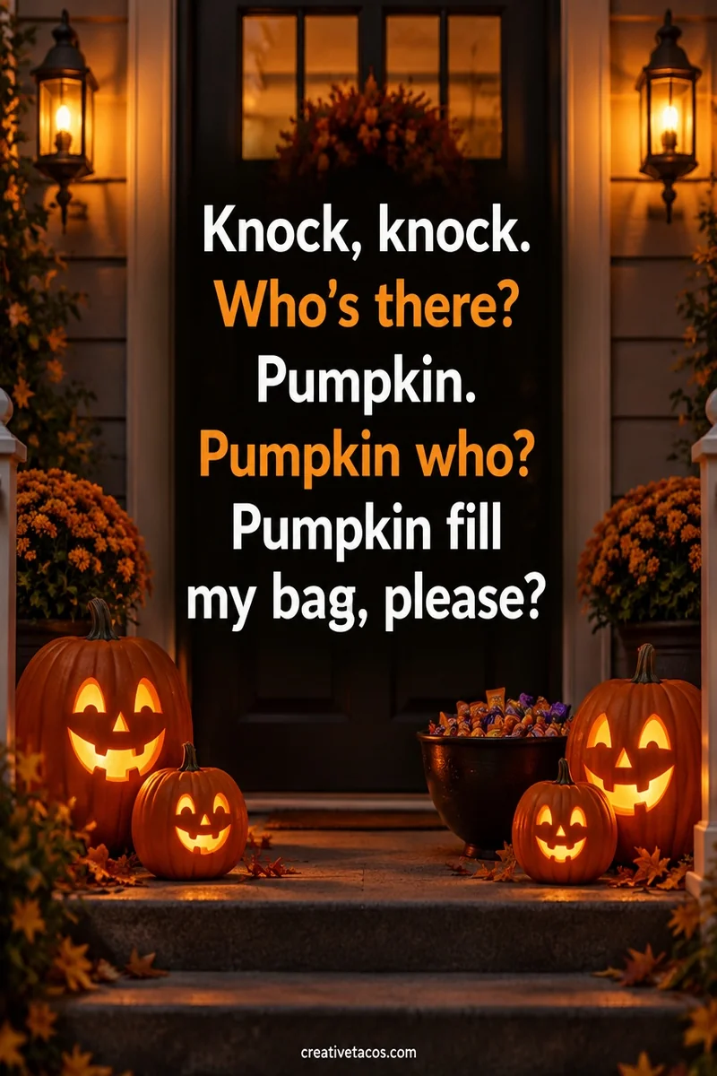 Quote card: Knock, knock. Who's there? Pumpkin. Pumpkin who? Pumpkin fill my bag, please?
