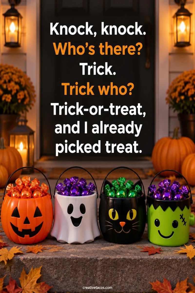 Quote card: Knock, knock. Who's there? Trick. Trick who? Trick-or-treat, and I already picked treat.
