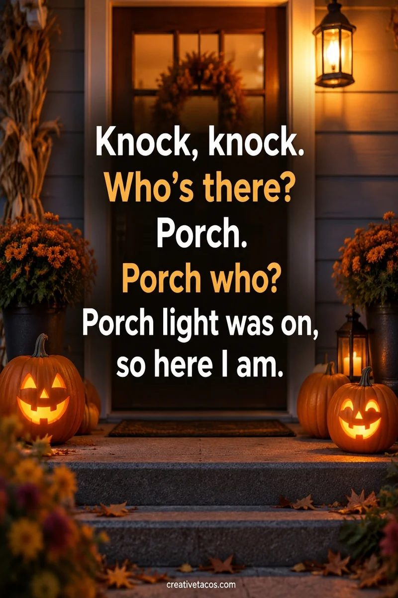 Quote card: Knock, knock. Who's there? Porch. Porch who? Porch light was on, so here I am.