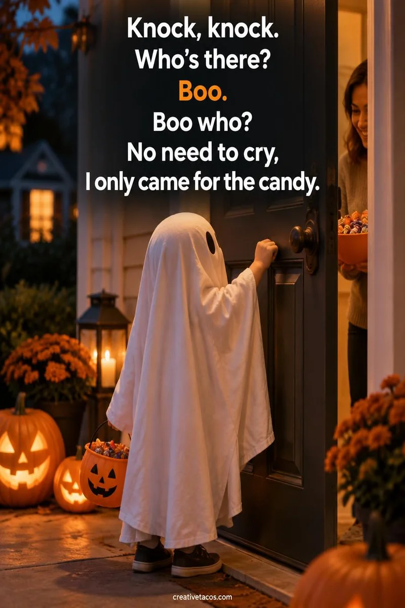 Quote card: Knock, knock. Who's there? Boo. Boo who? No need to cry, I only came for the candy.