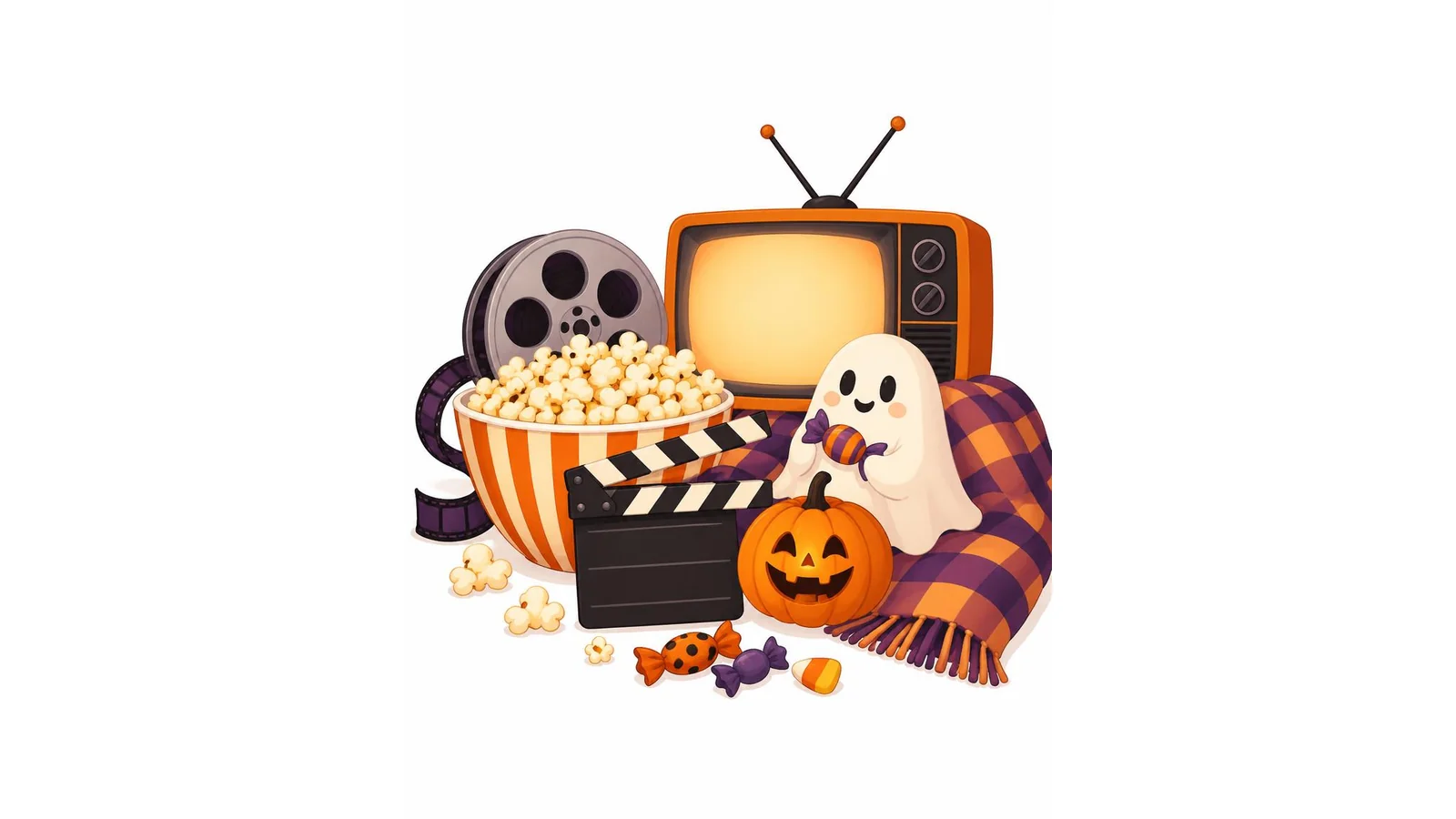 Illustration of a popcorn bowl, clapperboard, film reel, retro television, jack-o-lantern and friendly ghost on a white background for Halloween movie quotes.