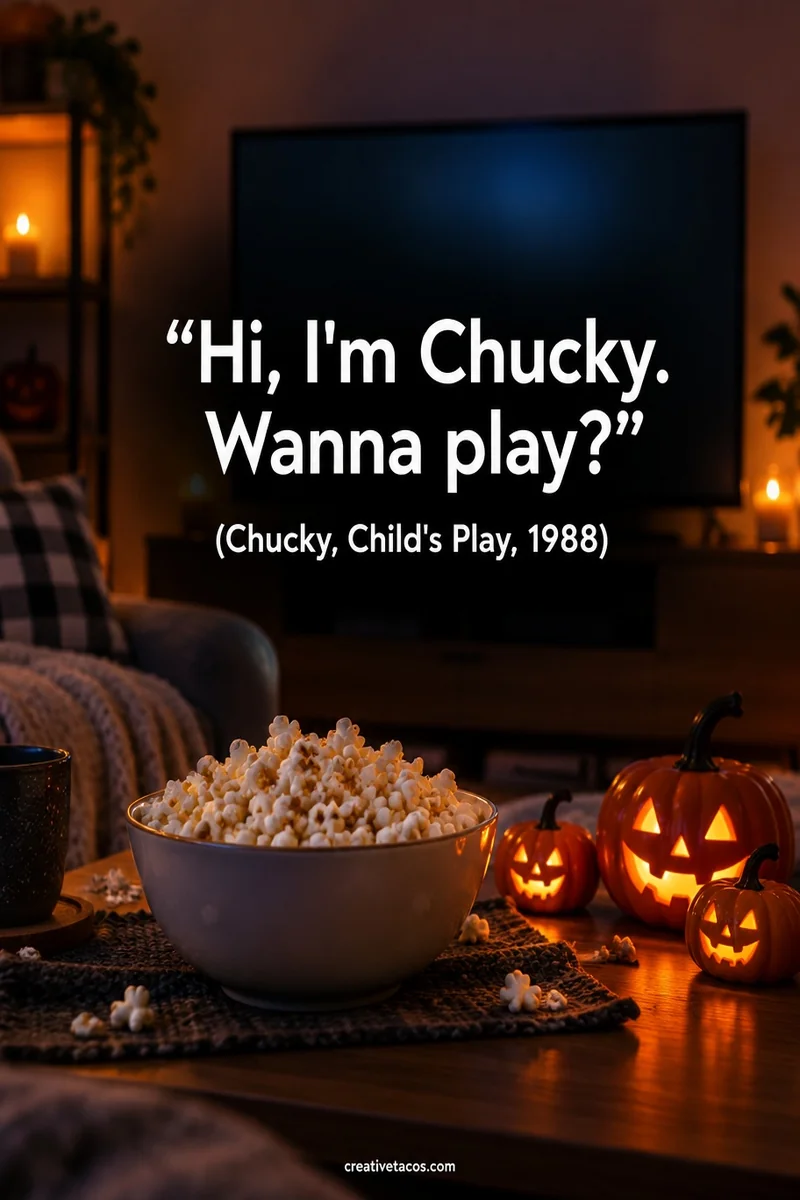 Quote card: “Hi, I'm Chucky. Wanna play?” (Chucky, Child's Play, 1988)