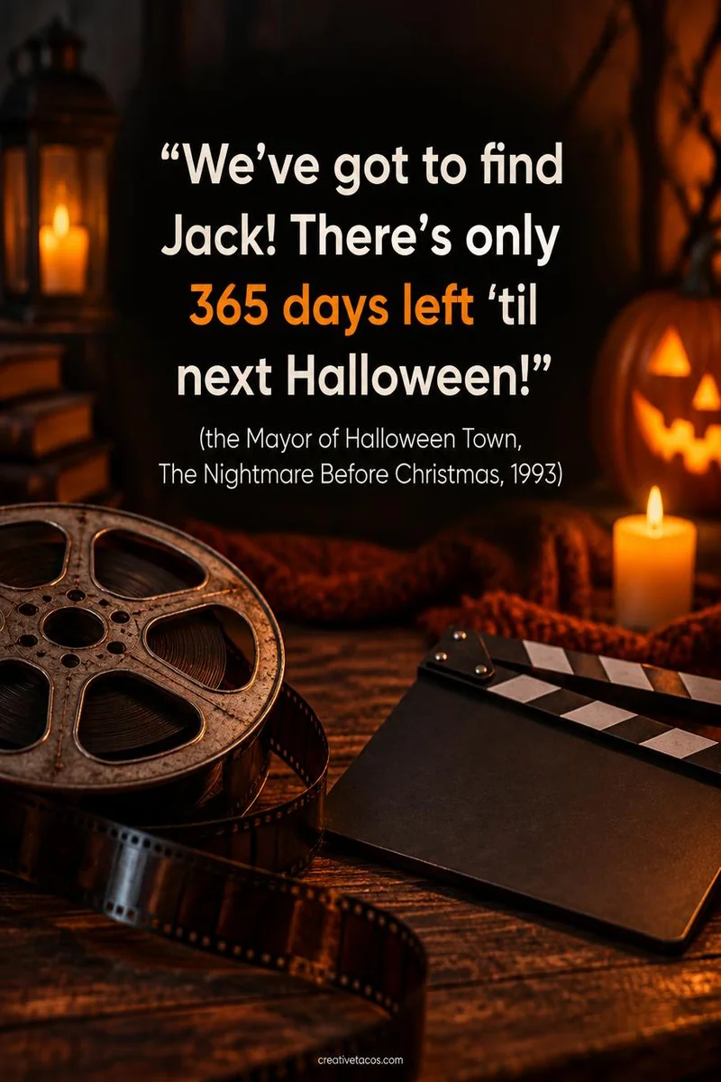 Quote card: “We've got to find Jack! There's only 365 days left 'til next Halloween!” (the Mayor of Halloween Town, The Nightmare Before Christmas, 1993)