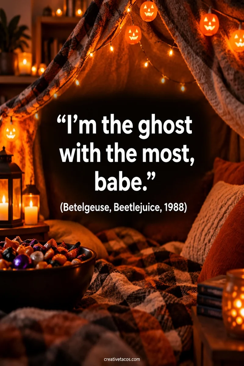 Quote card: “I'm the ghost with the most, babe.” (Betelgeuse, Beetlejuice, 1988)
