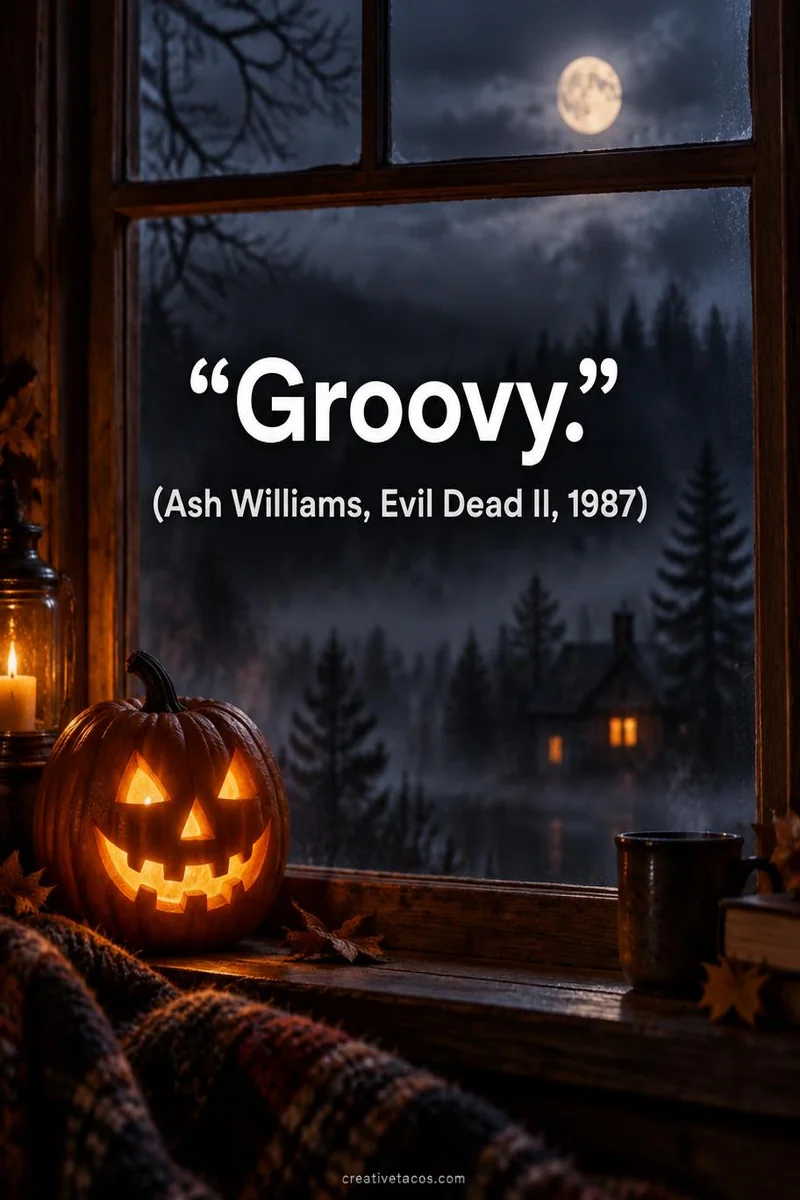 Quote card: “Groovy.” (Ash Williams, Evil Dead II, 1987)
