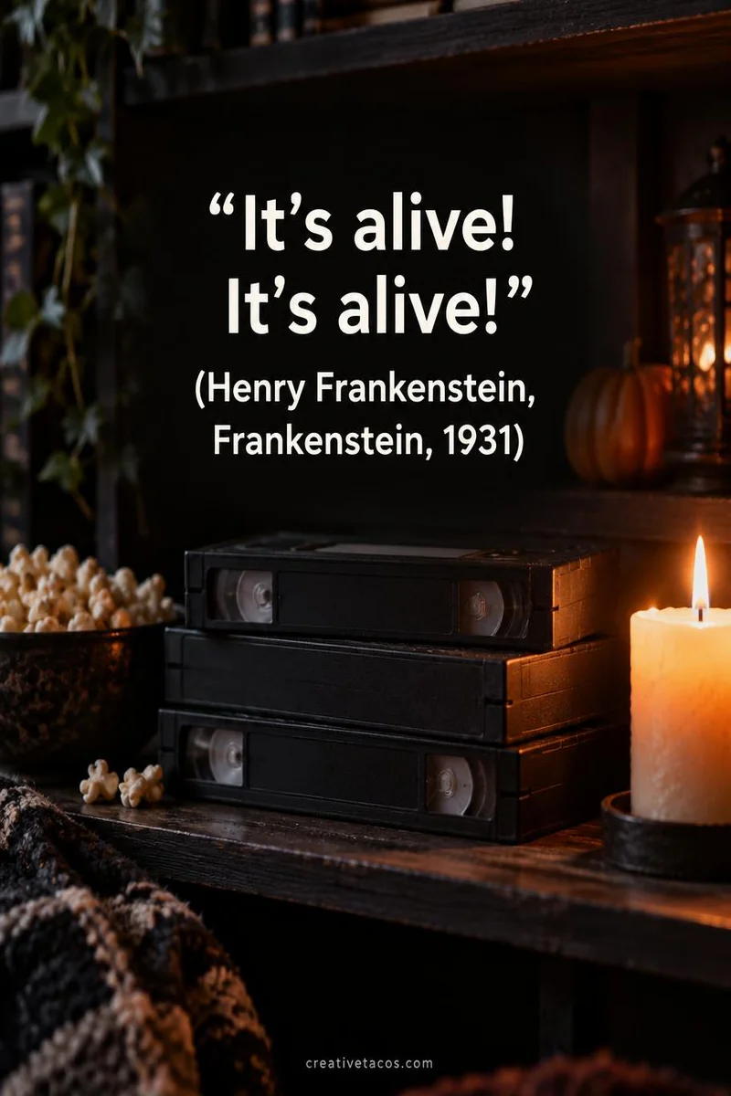Quote card: “It's alive! It's alive!” (Henry Frankenstein, Frankenstein, 1931)