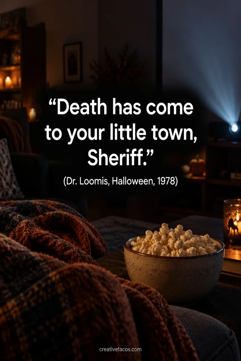Quote card: “Death has come to your little town, Sheriff.” (Dr. Loomis, Halloween, 1978)