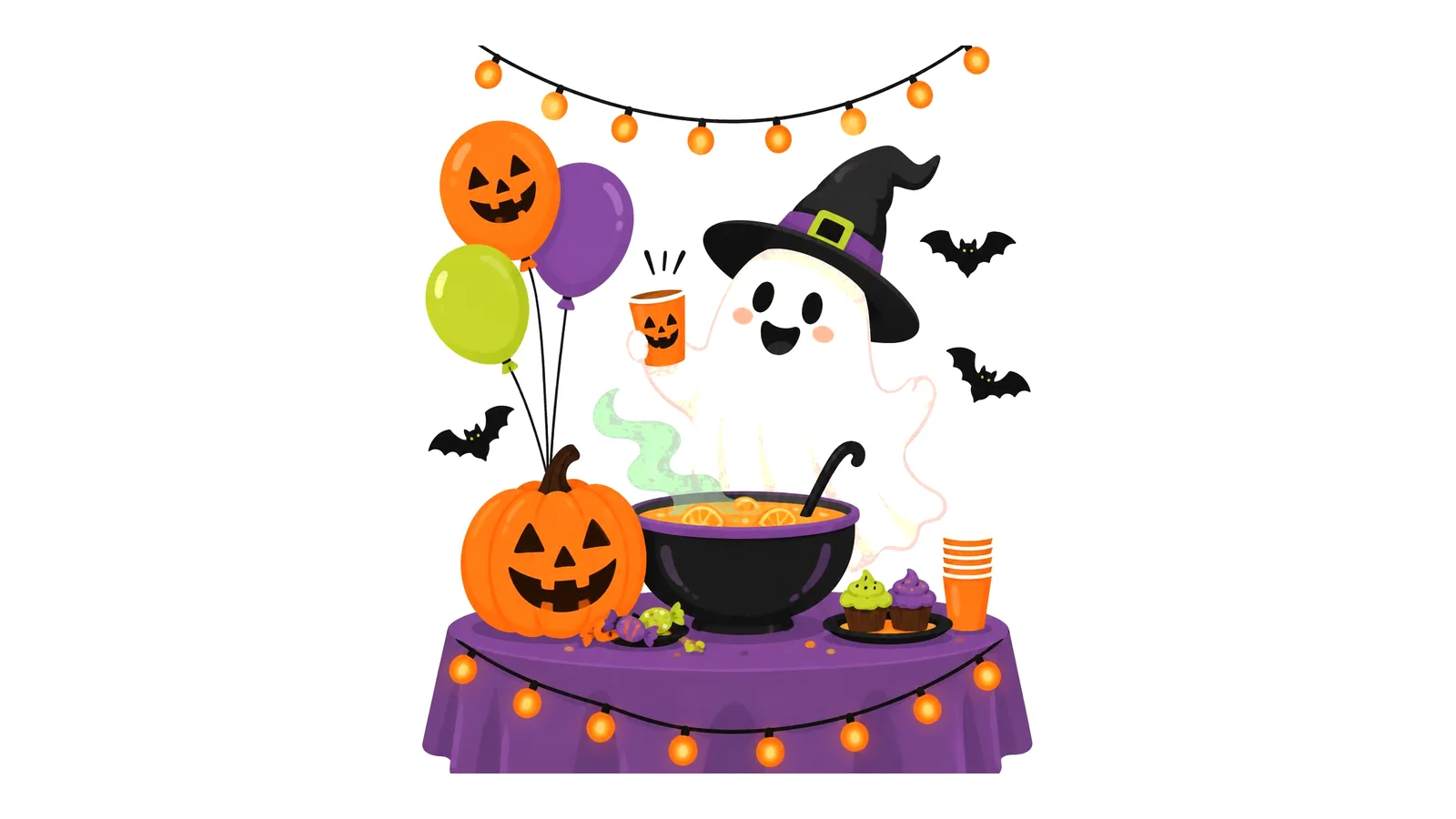 Clean illustration of a Halloween party with string lights, a punch bowl, a jack-o-lantern, and a friendly ghost on a white background for Halloween party captions.
