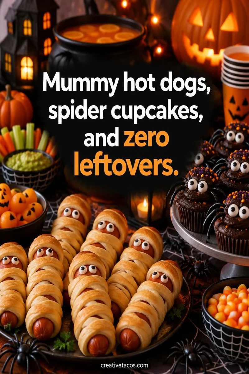 Quote card: Mummy hot dogs, spider cupcakes, and zero leftovers.