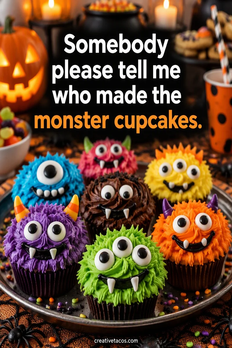 Quote card: Somebody please tell me who made the monster cupcakes.