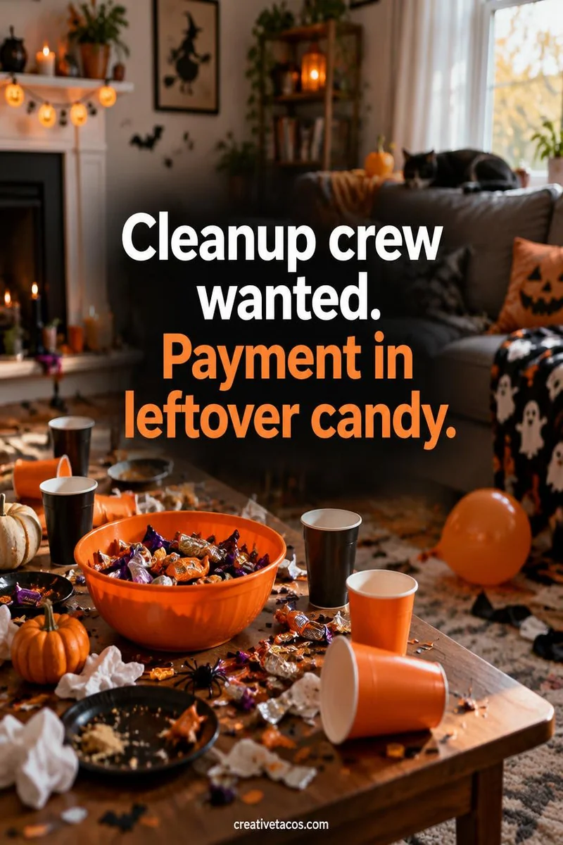 Quote card: Cleanup crew wanted. Payment in leftover candy.