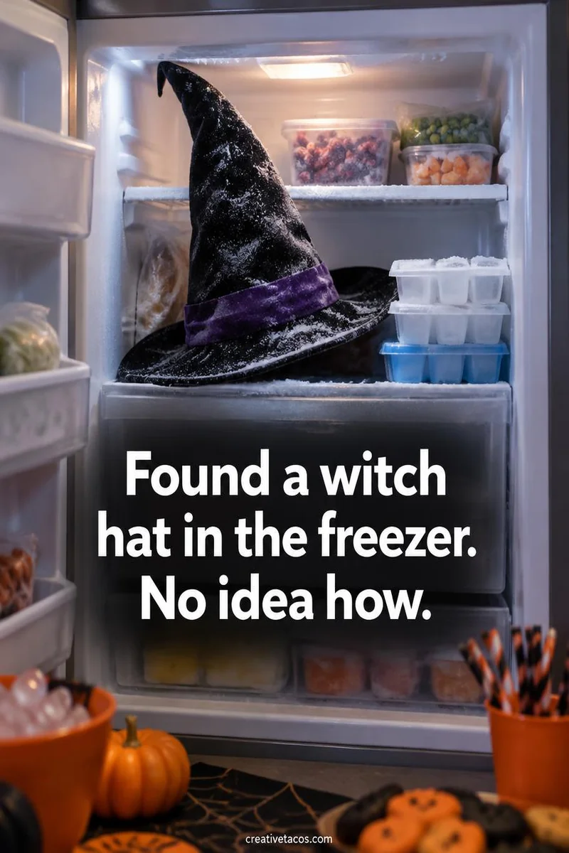 Quote card: Found a witch hat in the freezer. No idea how.