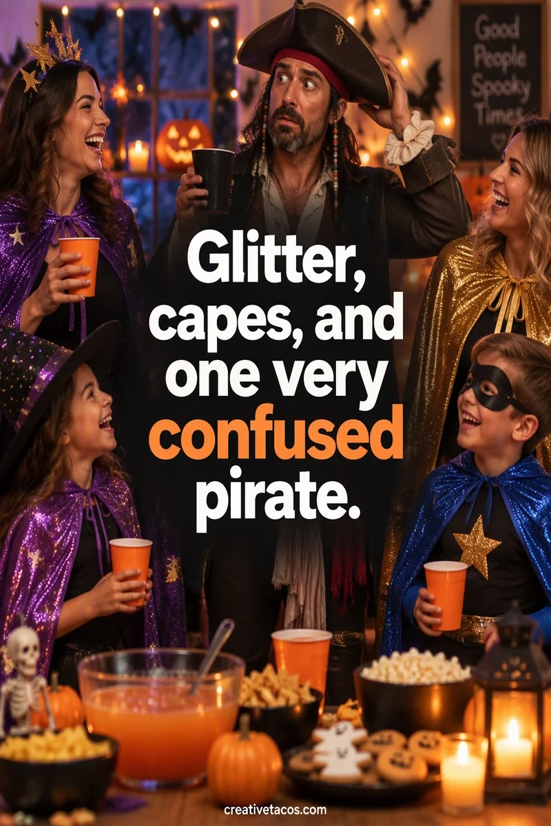Quote card: Glitter, capes, and one very confused pirate.