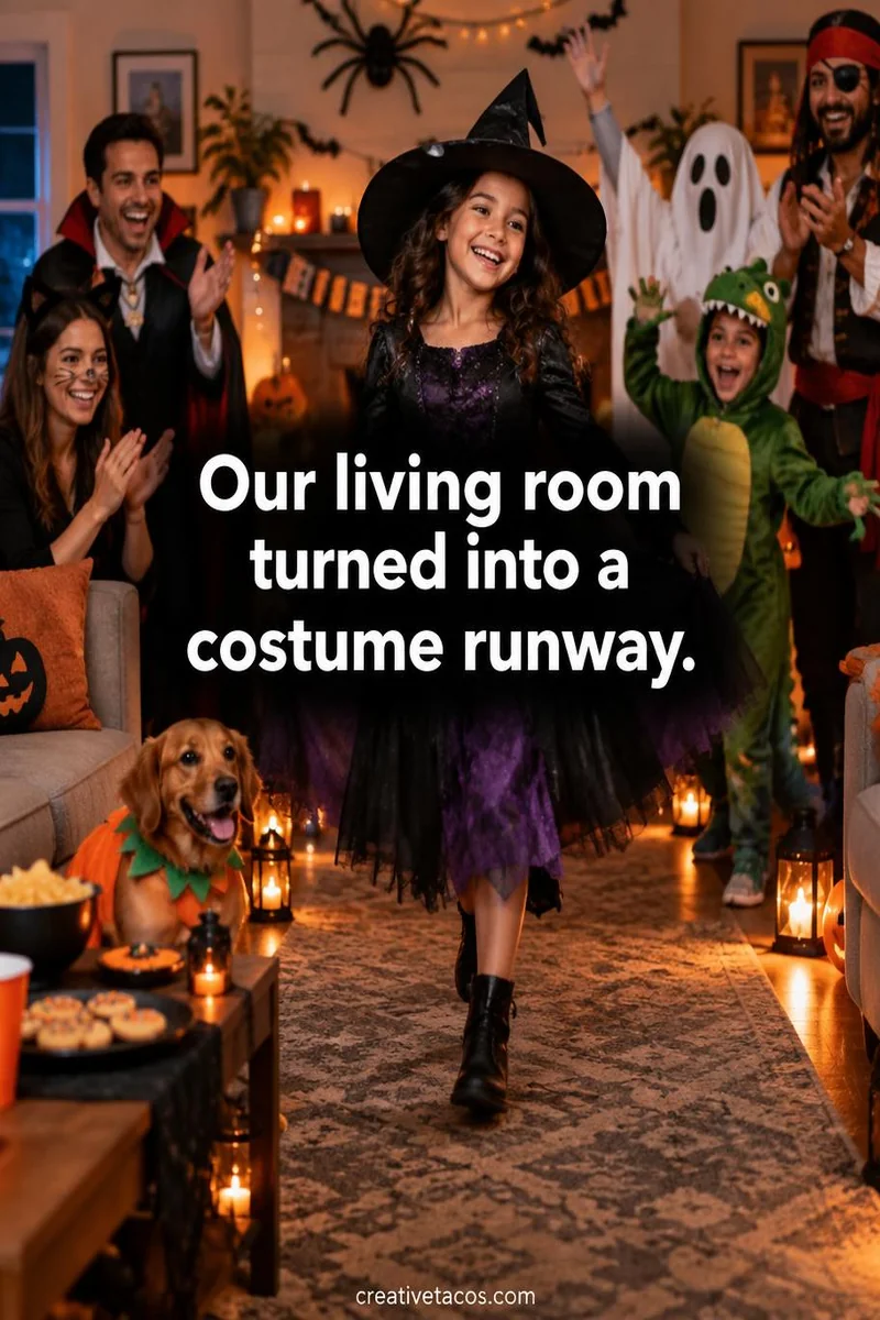 Quote card: Our living room turned into a costume runway.