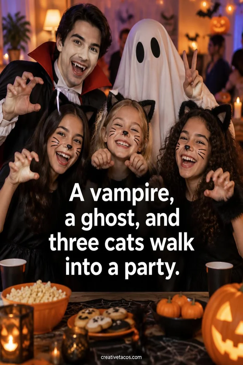Quote card: A vampire, a ghost, and three cats walk into a party.