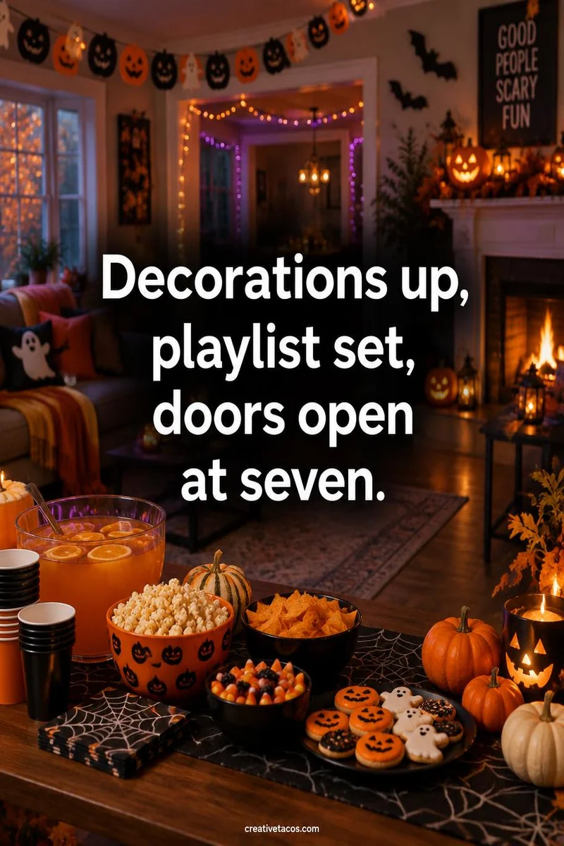 Quote card: Decorations up, playlist set, doors open at seven.