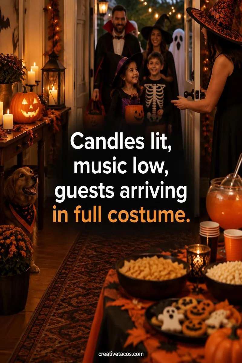Quote card: Candles lit, music low, guests arriving in full costume.