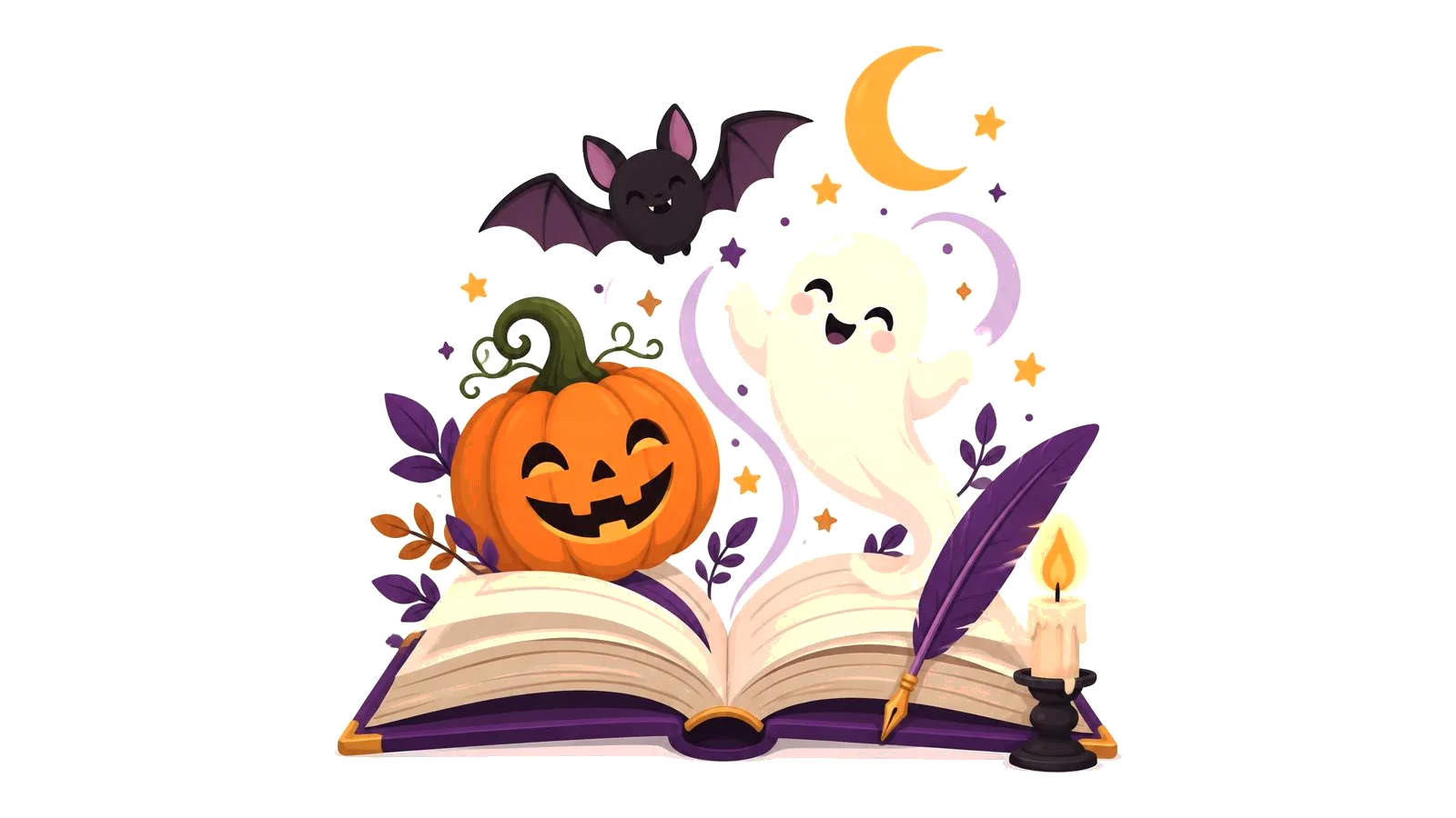 Clean illustration of an open storybook with a jack-o-lantern, ghost, and bat rising from the pages on a white background for Halloween poems.