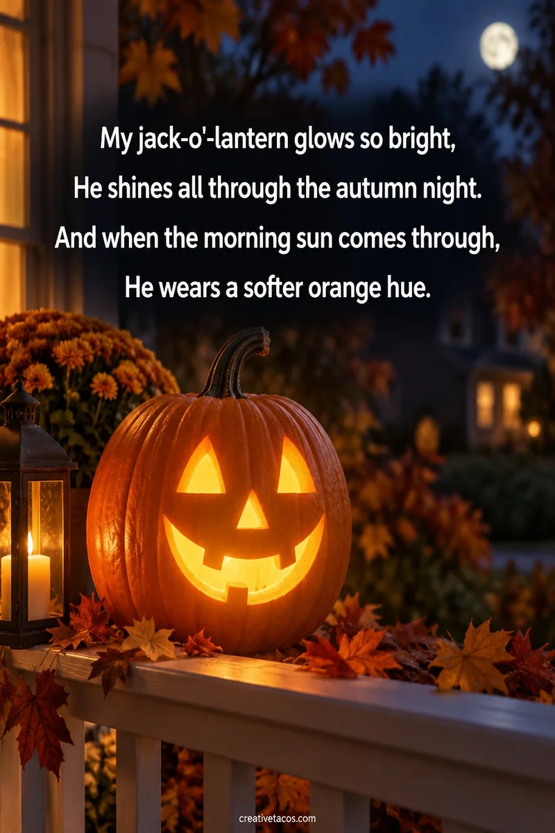 Quote card: My jack-o'-lantern glows so bright, He shines all through the autumn night. And when the morning sun comes through, He wears a softer orange hue.