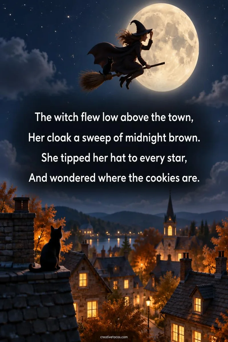 Quote card: The witch flew low above the town, Her cloak a sweep of midnight brown. She tipped her hat to every star, And wondered where the cookies are.