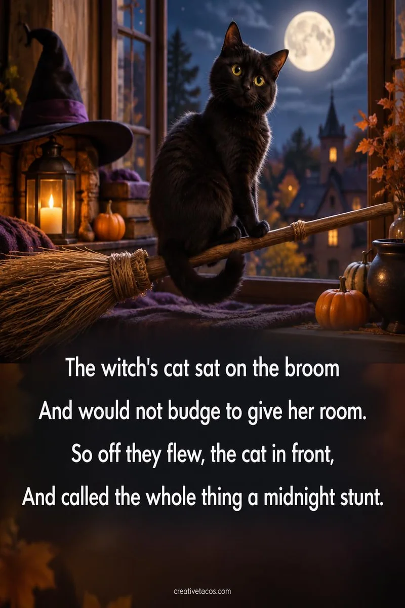 Quote card: The witch's cat sat on the broom And would not budge to give her room. So off they flew, the cat in front, And called the whole thing a midnight stunt.