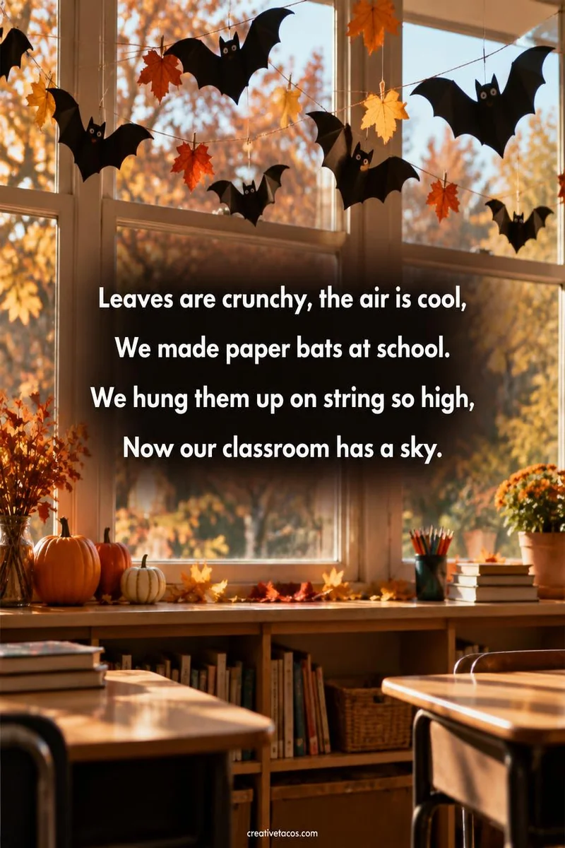 Quote card: Leaves are crunchy, the air is cool, We made paper bats at school. We hung them up on string so high, Now our classroom has a sky.