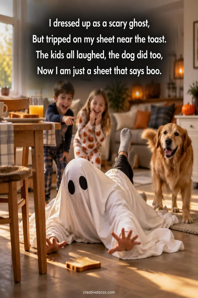 Quote card: I dressed up as a scary ghost, But tripped on my sheet near the toast. The kids all laughed, the dog did too, Now I am just a sheet that says boo.