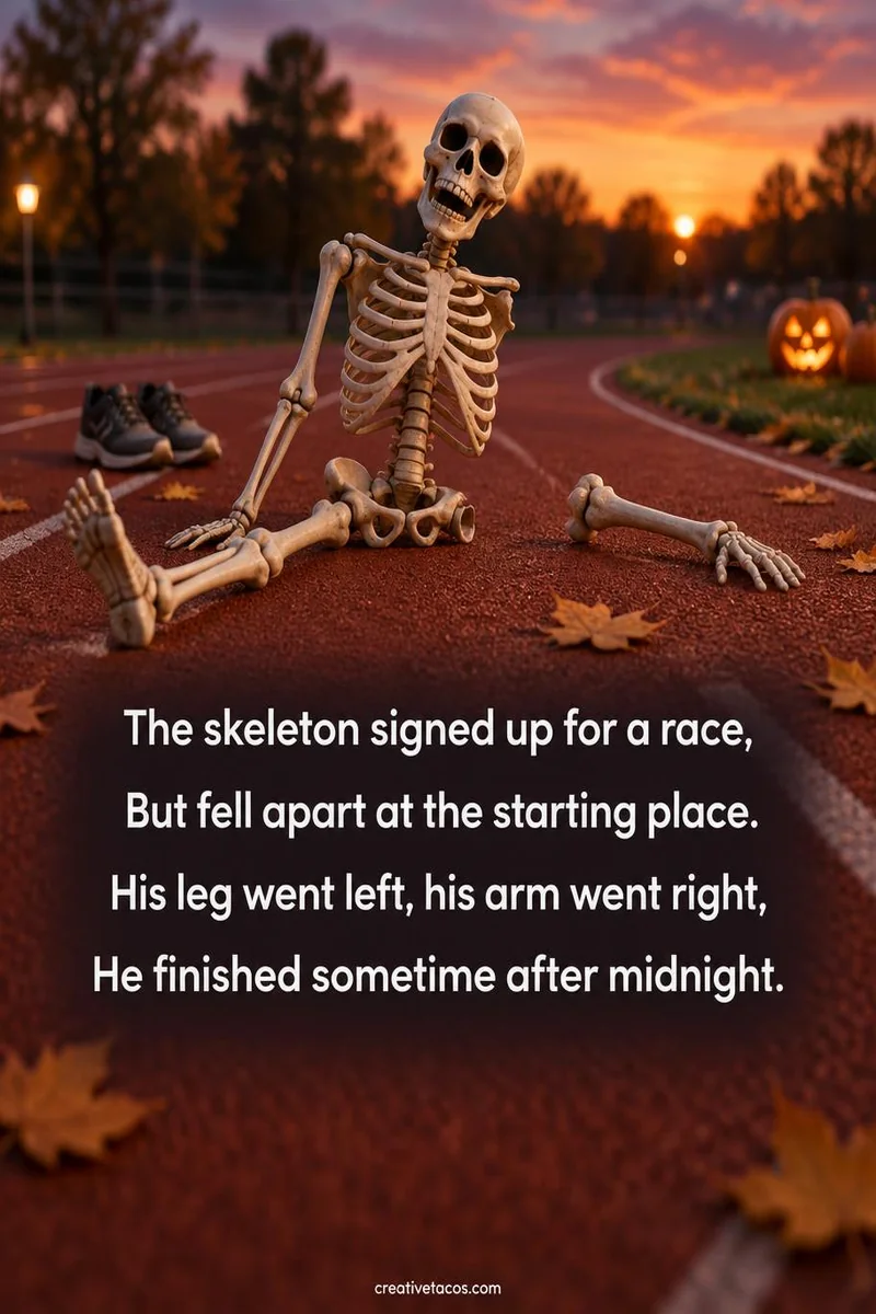 Quote card: The skeleton signed up for a race, But fell apart at the starting place. His leg went left, his arm went right, He finished sometime after midnight.
