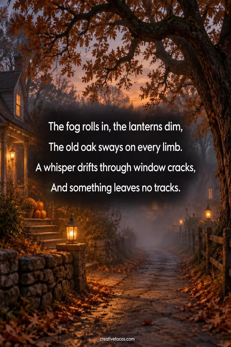 Quote card: The fog rolls in, the lanterns dim, The old oak sways on every limb. A whisper drifts through window cracks, And something leaves no tracks.
